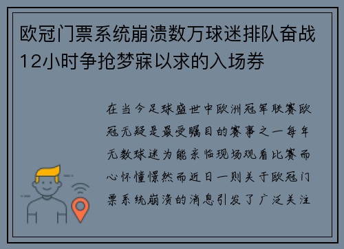 欧冠门票系统崩溃数万球迷排队奋战12小时争抢梦寐以求的入场券